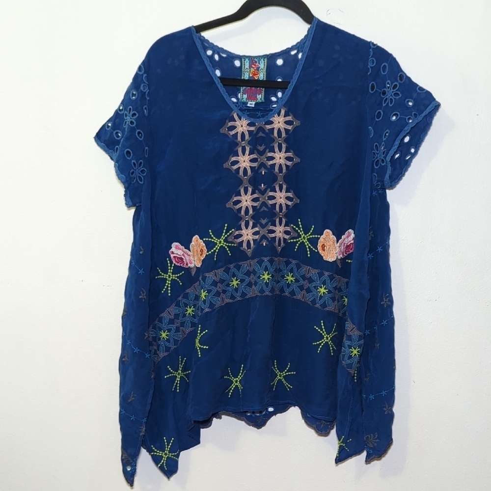 Johnny Was Blue Embroidered Short Sleeve Tunic with Pink and Green Accents